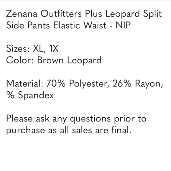 Zenana Outfitters Plus Leopard Split Side Pants Elastic Waist - NIP - Picture 4 of 5